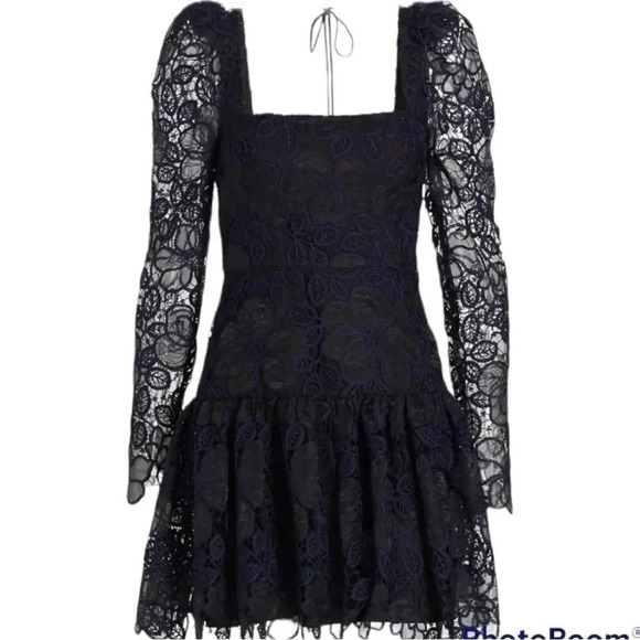 ML Monique Lhuillier's navy minidress, lace organza square neck. Size 6 NWT - Picture 3 of 13